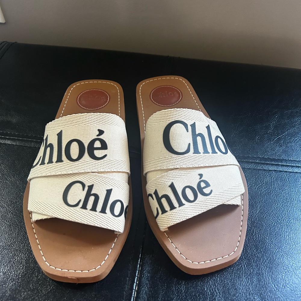 Chloé Beige Logo Canvas Slide Sandals